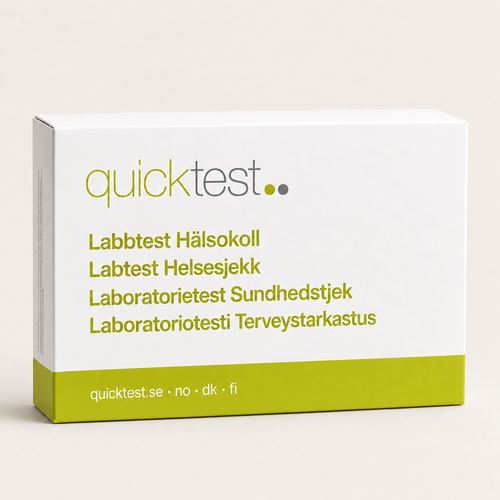 Quicktest Hälsokoll – blodfetter, lever, njurar och blodsocker – förpackning för labbtest hemma
