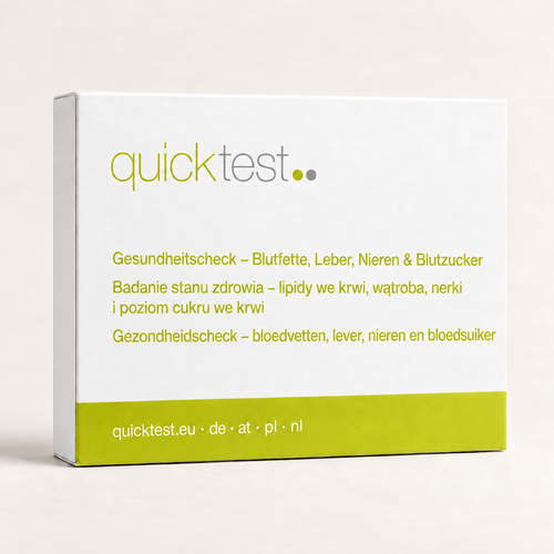 Quicktest Hälsokoll – blodfetter, lever, njurar & blodsocker – förpackning för labbtest hemma